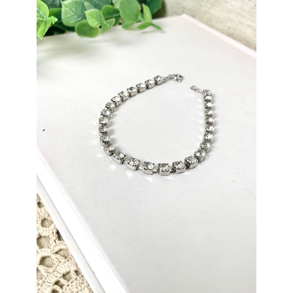 Vintage Rhinestone Tennis Bracelet Clear Crystal Silver Tone Classic Statement